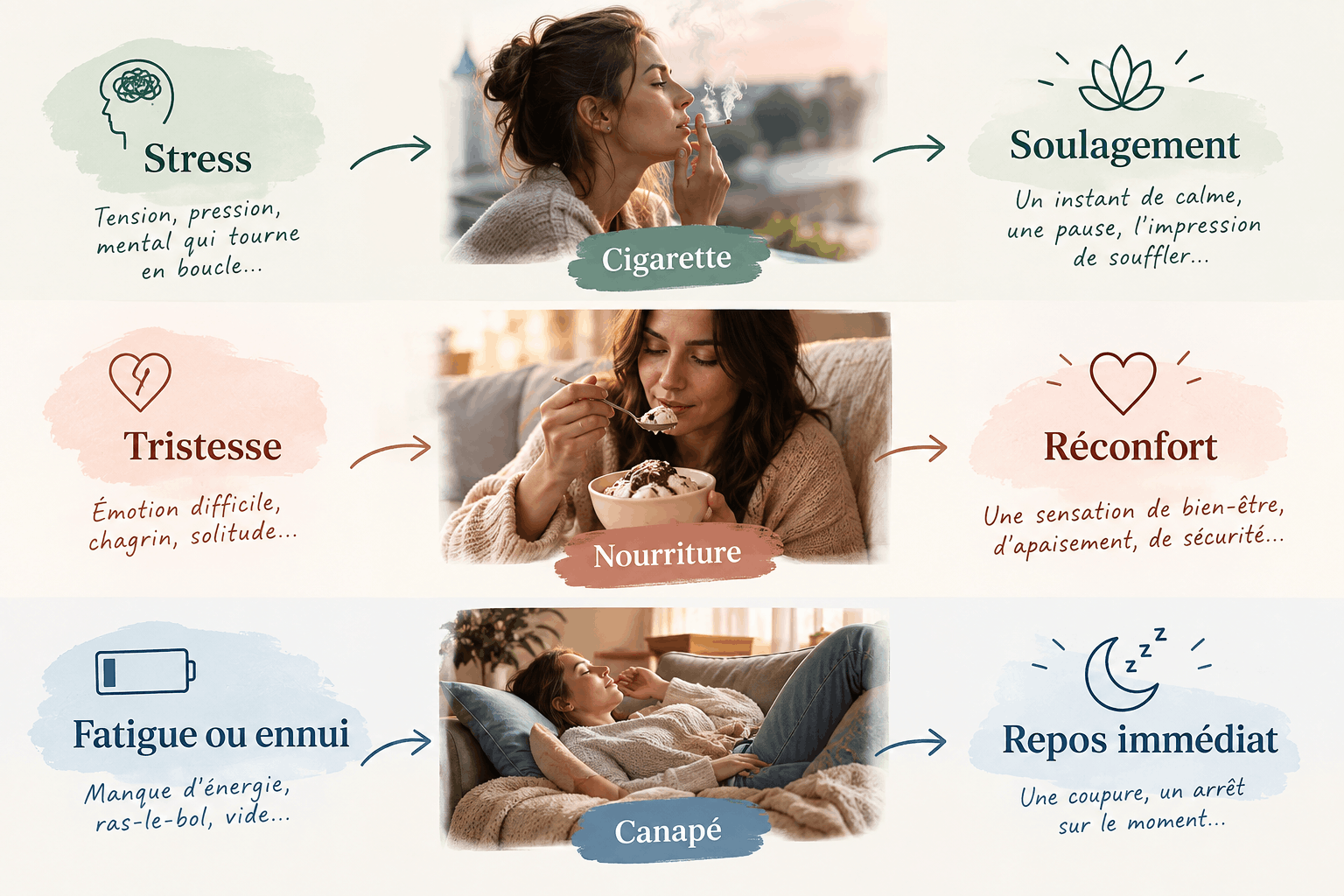 Automatismes, émotions et habitudes : comprendre ce qui nous pousse à agir Infographie illustrant le lien entre stress, cigarette, tristesse, nourriture, fatigue, canapé et les mécanismes de soulagement ou de réconfort associés.