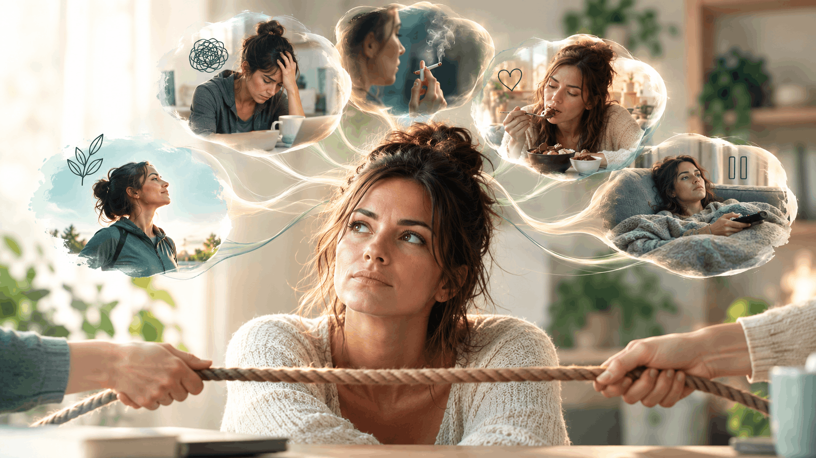 Femme tenant une corde dans deux directions opposées, symbolisant le conflit entre volonté et habitudes