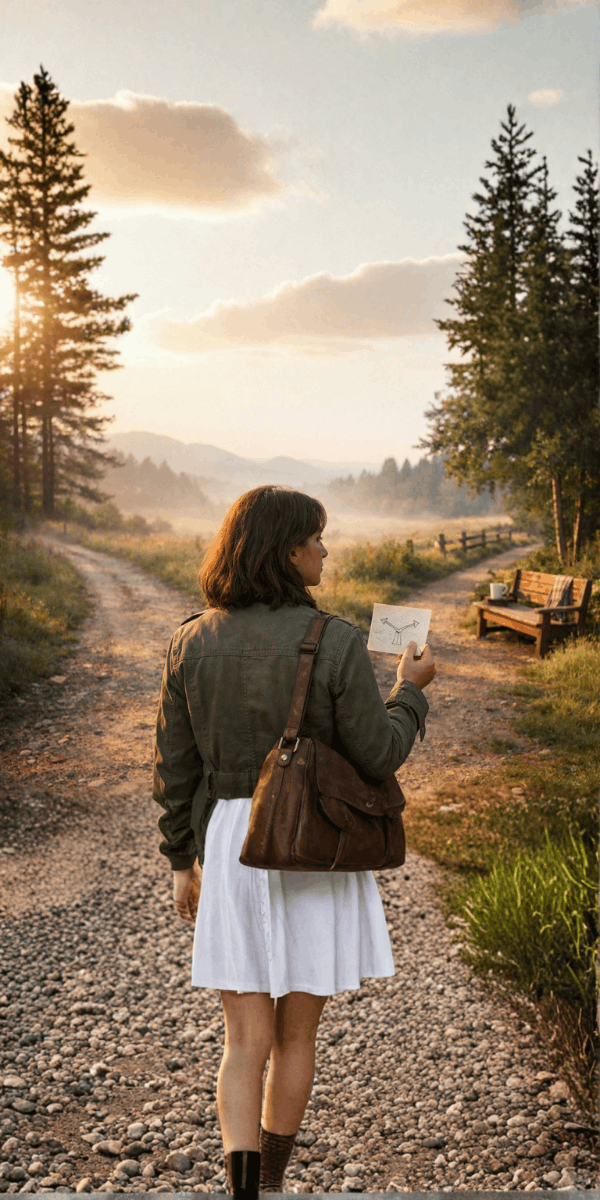 Femme face à deux chemins symbolisant le conflit entre décision consciente, volonté et automatismes