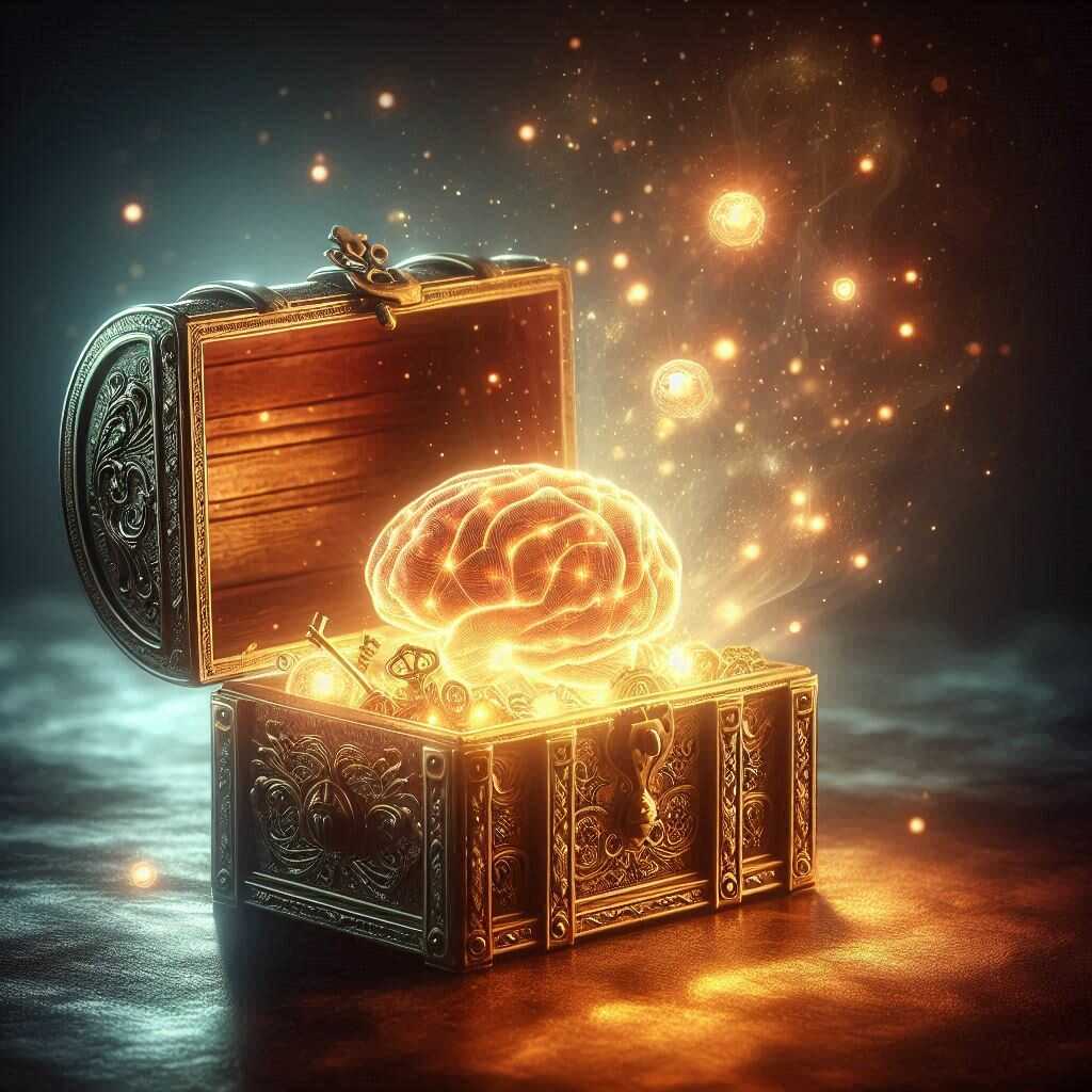 Coffre au trésor ouvert, illuminé, symbolisant les ressources de l'inconscient.