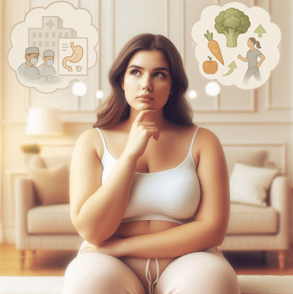 Anneau gastrique virtuel sous hypnose pour maigrir durablement Une femme en séance d'hypnose qui réfléchit à demander à se faire poser un anneau gastrique virtuel et enclencher une perte de poids durable