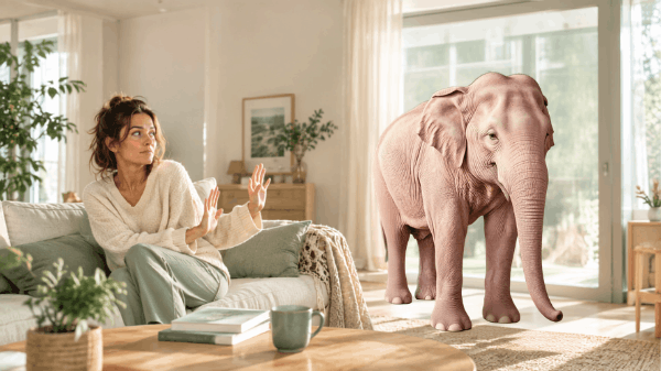 Pourquoi lutter contre une pensée peut la renforcer Éléphant rose devant une femme qui tente de détourner son regard, illustrant le paradoxe de l'attention.