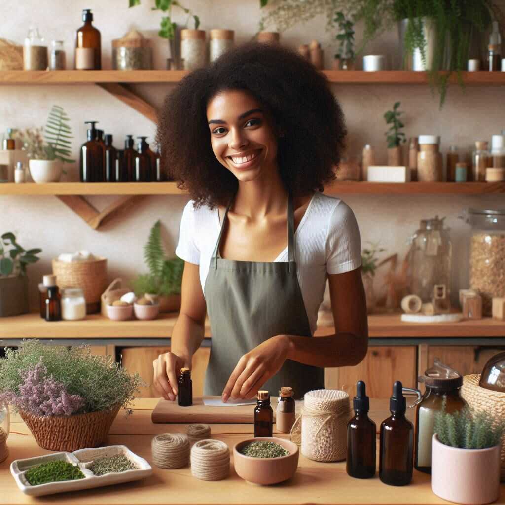 Se réinventer avec sens : témoignage de reconversion réussie Femme dans un atelier de naturopathie, souriante et concentrée, symbole de reconversion alignée