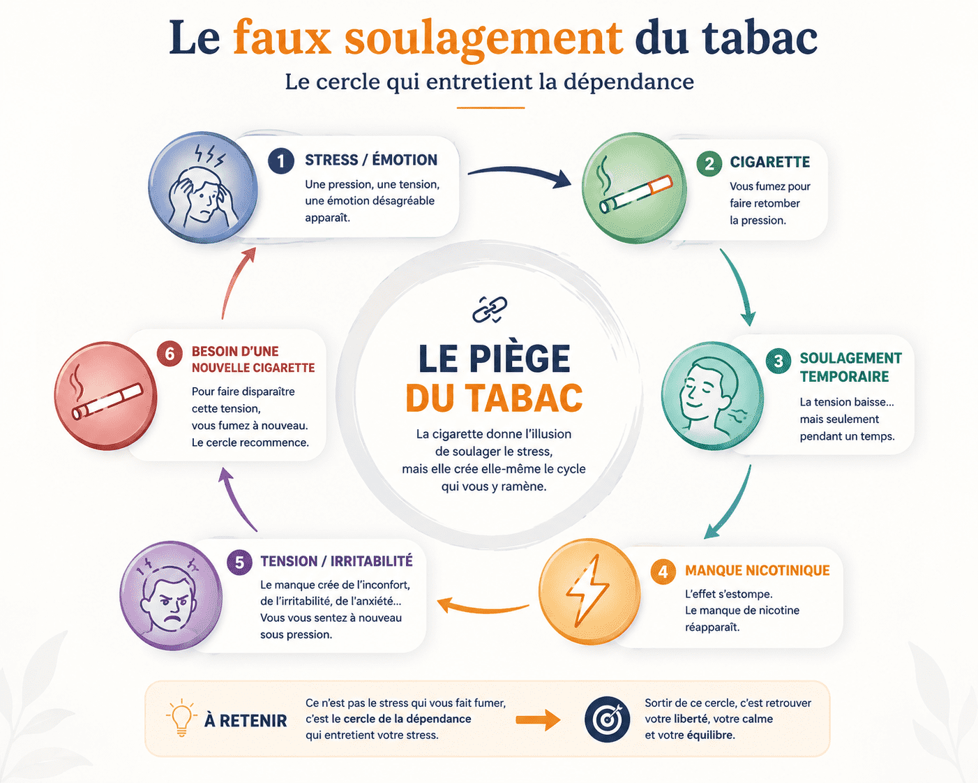 Infographie montrant le cycle de la dépendance au tabac entre stress, cigarette, soulagement temporaire, manque nicotinique et nouvelle envie de fumer.