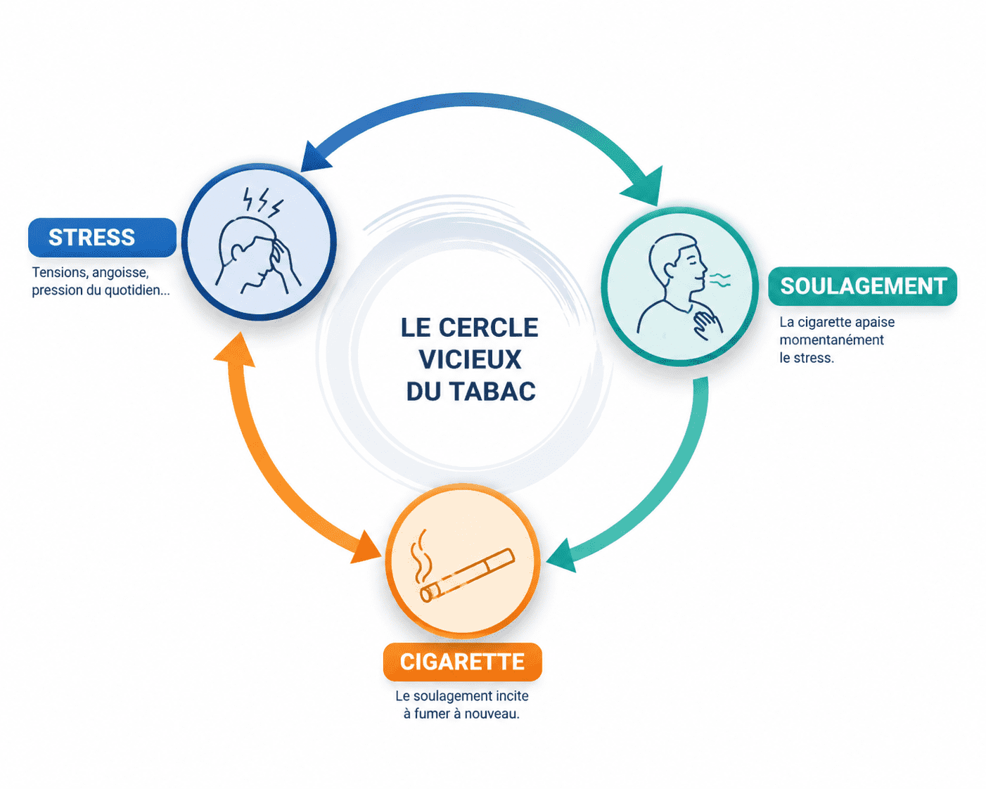 Quand la cigarette devient une réponse au stress Schéma illustrant le lien entre stress, cigarette et soulagement temporaire dans la dépendance au tabac.