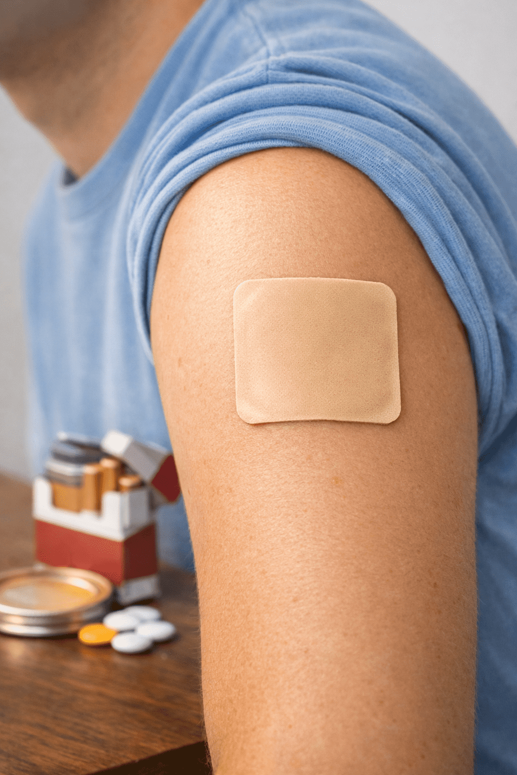 Patch nicotinique posé sur le bras d'une personne souhaitant arrêter de fumer.