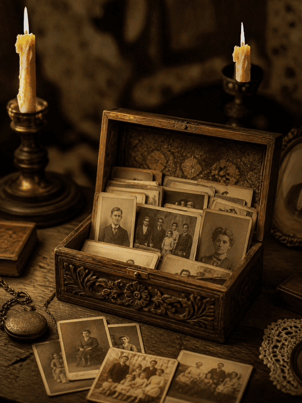Ancienne boîte à souvenirs contenant des photographies de famille, illustrant l'exploration symbolique de l'histoire familiale en hypnose.